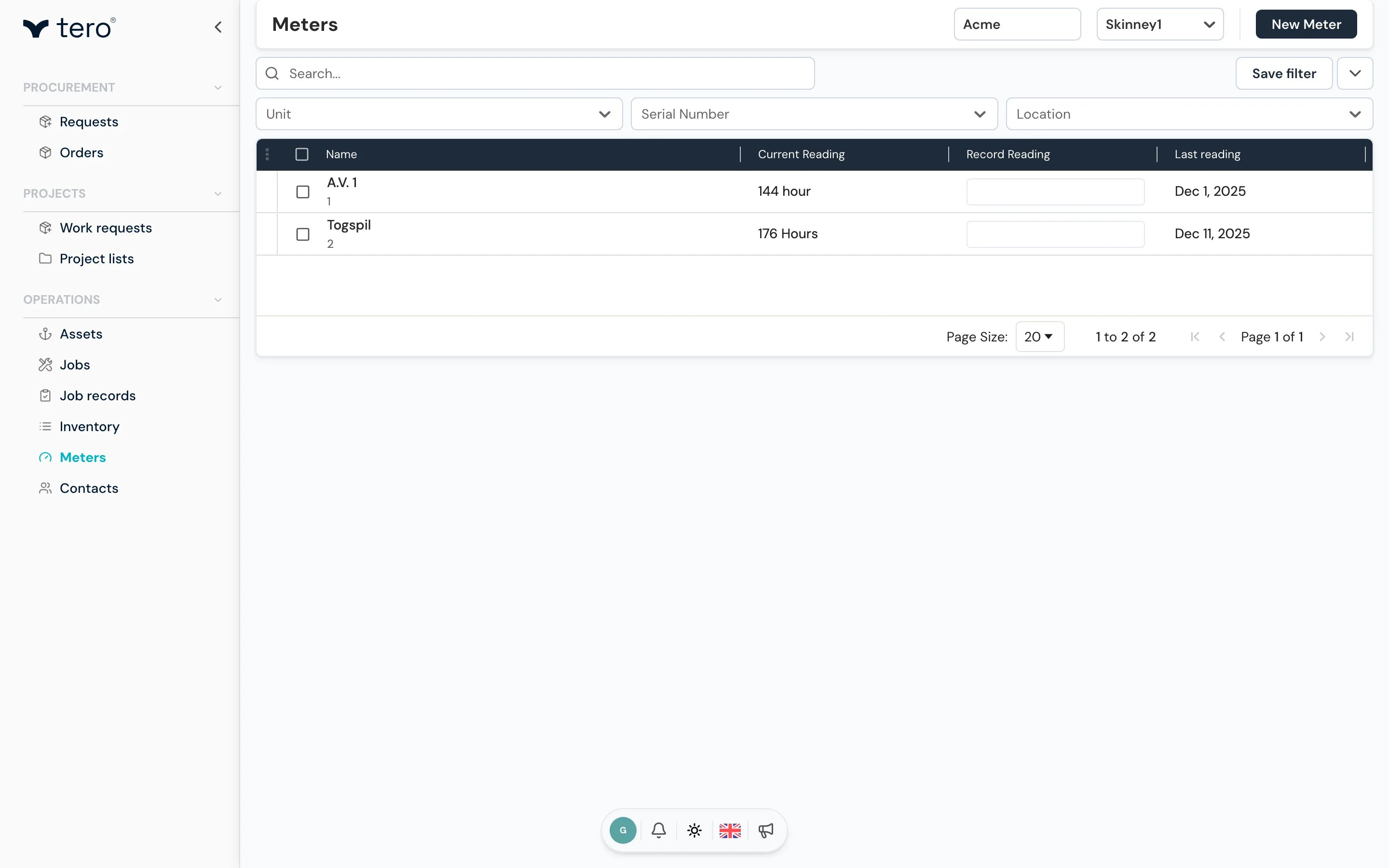 Meters listed on an asset