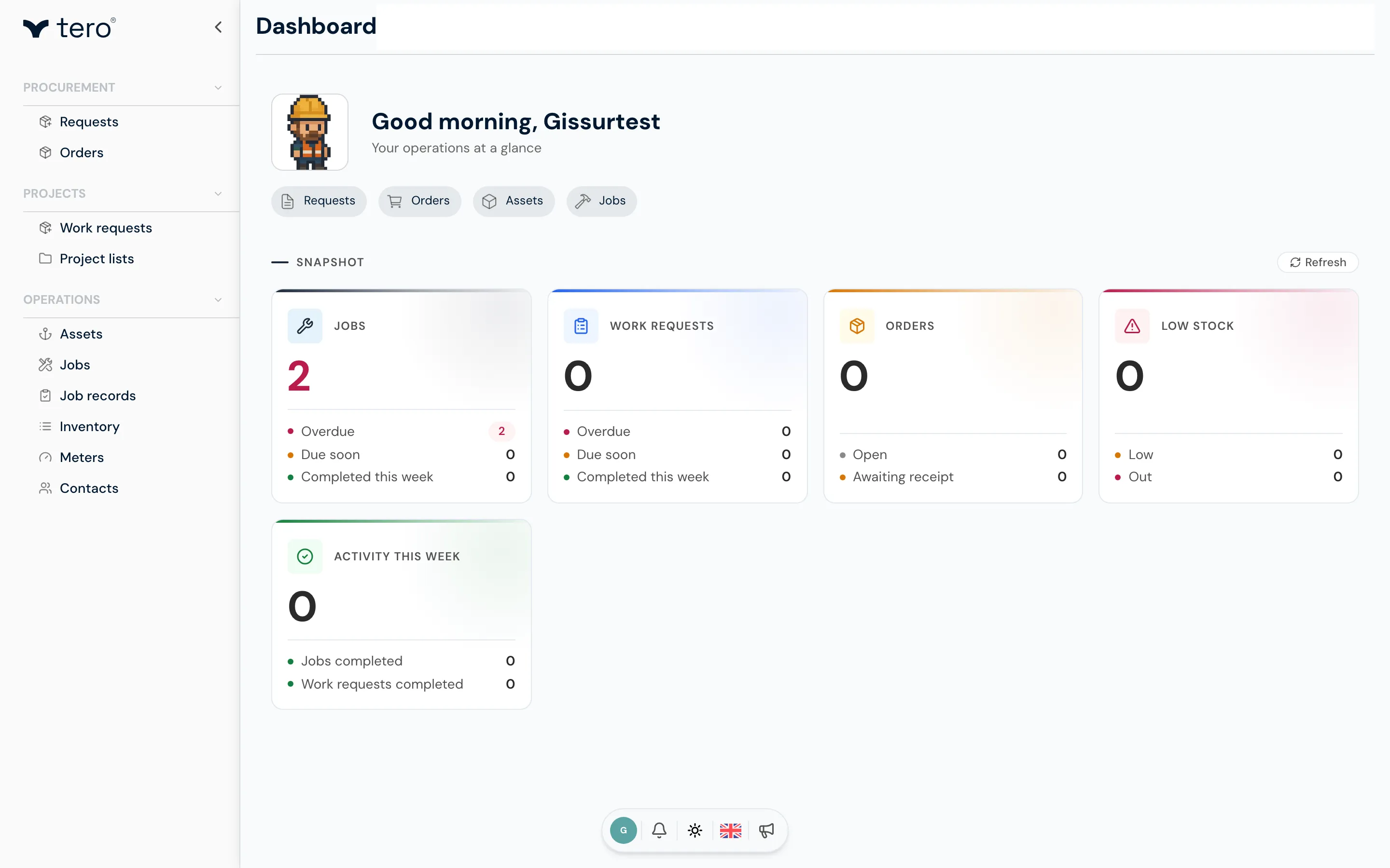 Dashboard — first view after login